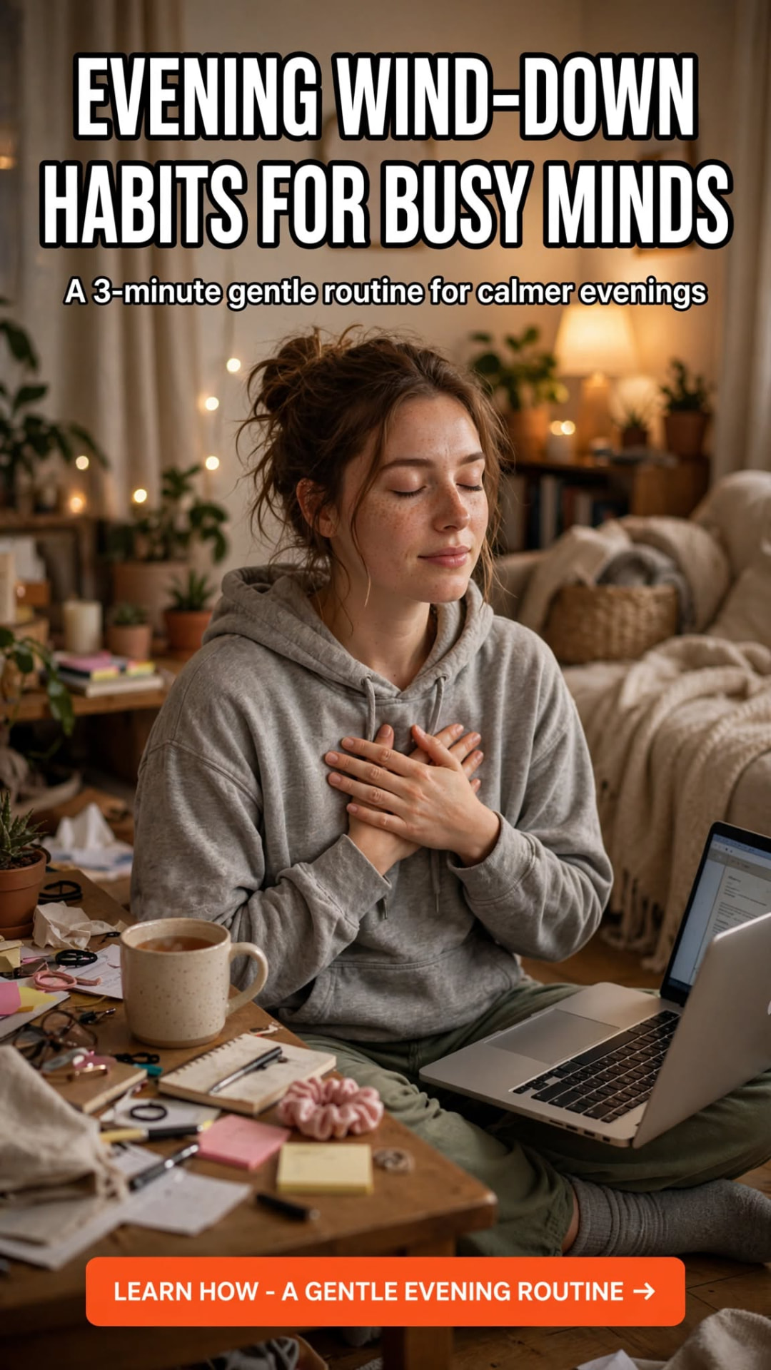 A woman practicing a gentle evening somatic wind-down with her hands resting over her heart